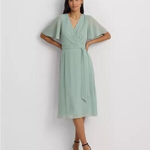 Ralph Lauren Belted Georgette Fit-and-flare Midi Dress Green Women's Size 14